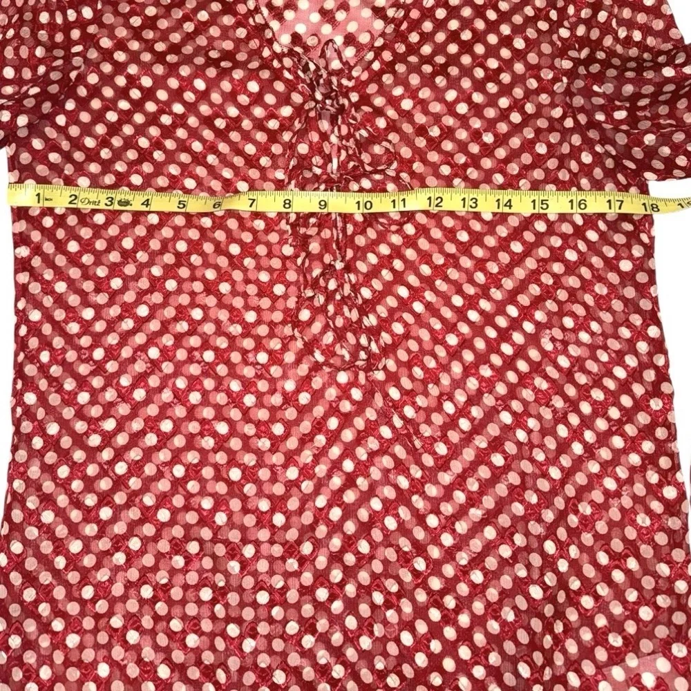Tory Burch Sheer Silk Blend Polka Dot Blouse Red Metallic Embroidered Top Sz 6